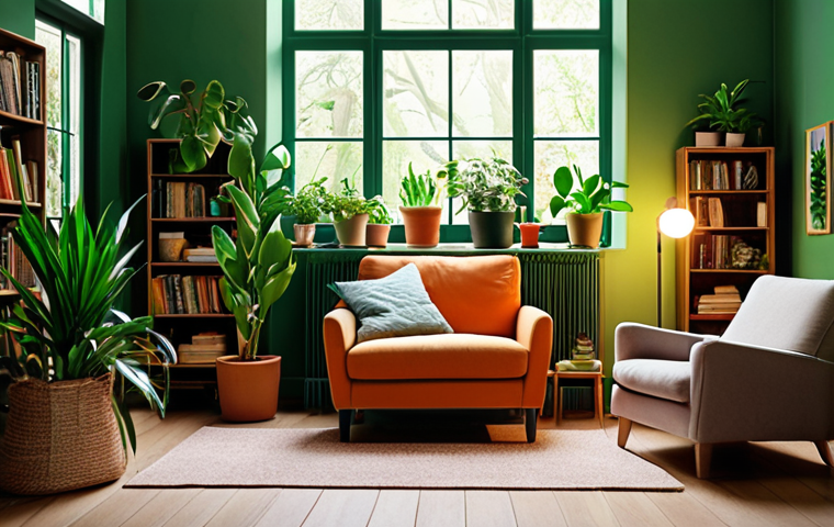 **
"A cozy living room bathed in warm, dimmable smart lighting, casting a gentle glow on a variety of lush green houseplants. Focus on the plants, showcasing their vibrant colors and healthy leaves. Include a comfortable armchair and a bookshelf in the background, suggesting a relaxing and inviting atmosphere. The lighting should evoke a sense of calm and well-being. Dutch interior design influences."
**