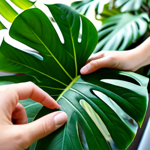 Home 6 A close-up, detailed shot of a person in modest professional dress, their well-formed hand gently touching a vibrant, healthy leaf from a large Monstera plant. The leaf shows perfect texture and color, indicative of a thriving plant. The background is softly blurred, showing glimpses of other lush green indoor plants in natural, soft light, emphasizing the connection and careful observation of plant health. Perfect anatomy, correct proportions, natural pose, proper finger count, professional photography, high quality, safe for work, appropriate content, fully clothed, family-friendly.