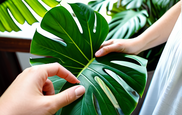 A close-up, detailed shot of a person in modest professional dress, their well-formed hand gently touching a vibrant, healthy leaf from a large Monstera plant. The leaf shows perfect texture and color, indicative of a thriving plant. The background is softly blurred, showing glimpses of other lush green indoor plants in natural, soft light, emphasizing the connection and careful observation of plant health. Perfect anatomy, correct proportions, natural pose, proper finger count, professional photography, high quality, safe for work, appropriate content, fully clothed, family-friendly.