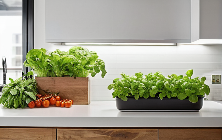 미래의 실내 생태계 - **Smart Indoor Garden Oasis:** A modern, chic kitchen or living space featuring a flourishing array ...